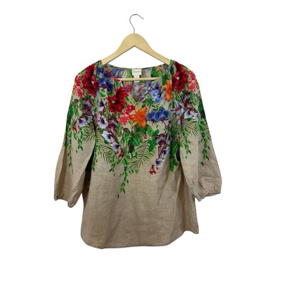 Chico's 2 Large Linen Top Floral Popover Pullover Botanical Floral Blouse Womens - Picture 1 of 16